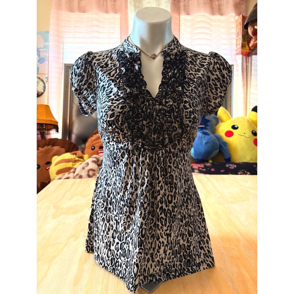 Y2K Leopard Print Ruffle Blouse Short Puff Sleeve Empire Waist Top Medium